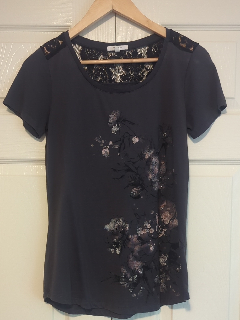 Maurices Charcoal Floral Lace-Back Short Sleeve Tee